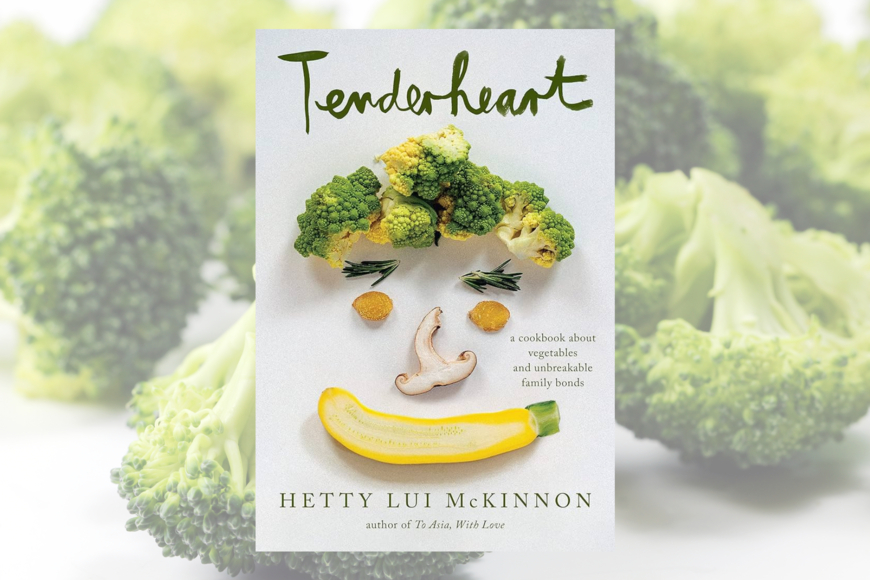 Book cover shows a face made of vegetables: broccoli floret hair, rosemary sprig eyebrows, ginger slice eyes, mushroom slice nose, and a yellow crookneck squash mouth, upturned in a smile.