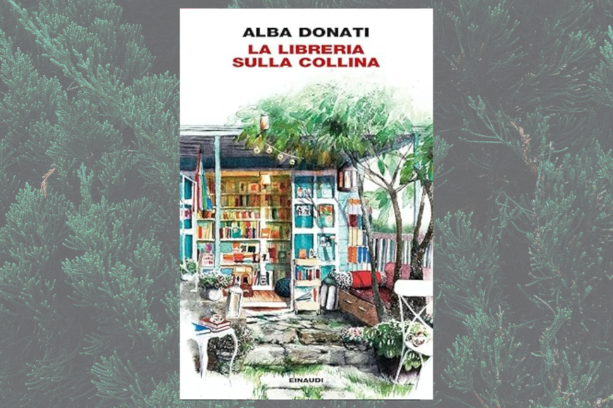 Book cover shows a a colored sketch of an indoor-outdoor bookshop. We see bookcases, benches, paving stones with grass growing up between them, and a tree..