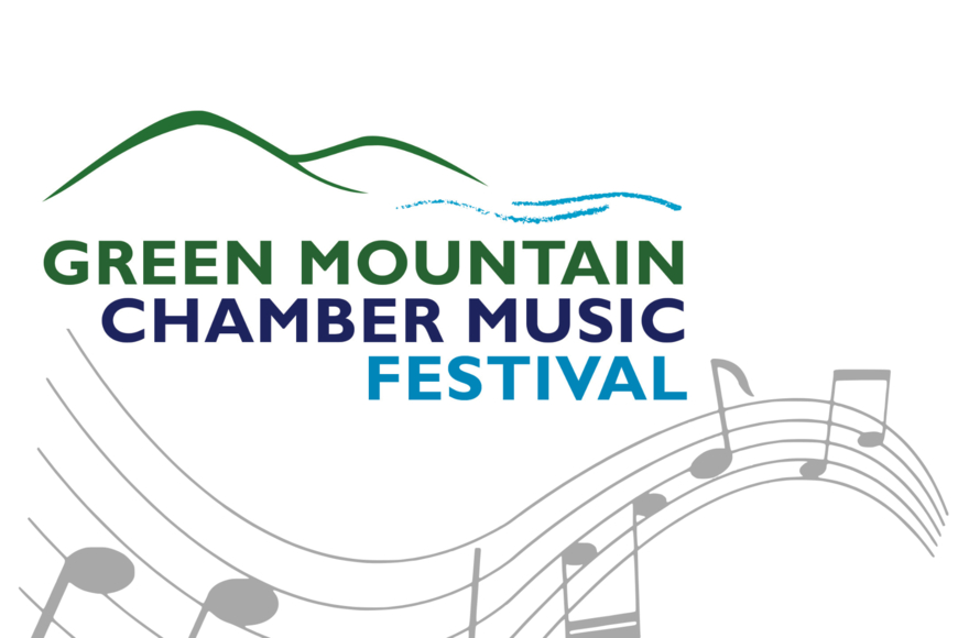 Green Mountain Chamber Music Festival shows bands of the name in green, purple, and blue text with line drawing of a mountain range in silhouette. In the background is a line of musical notation.