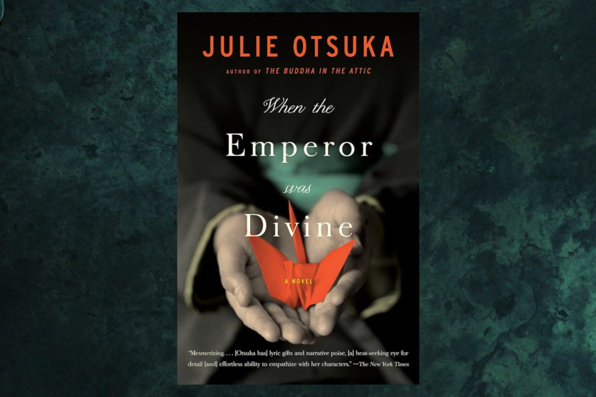 Book cover shows the author's name and title overlaid on a photograph of a pair of hands cupped to offer a red origami bird. The hands belong to a person dressed in a kimono.