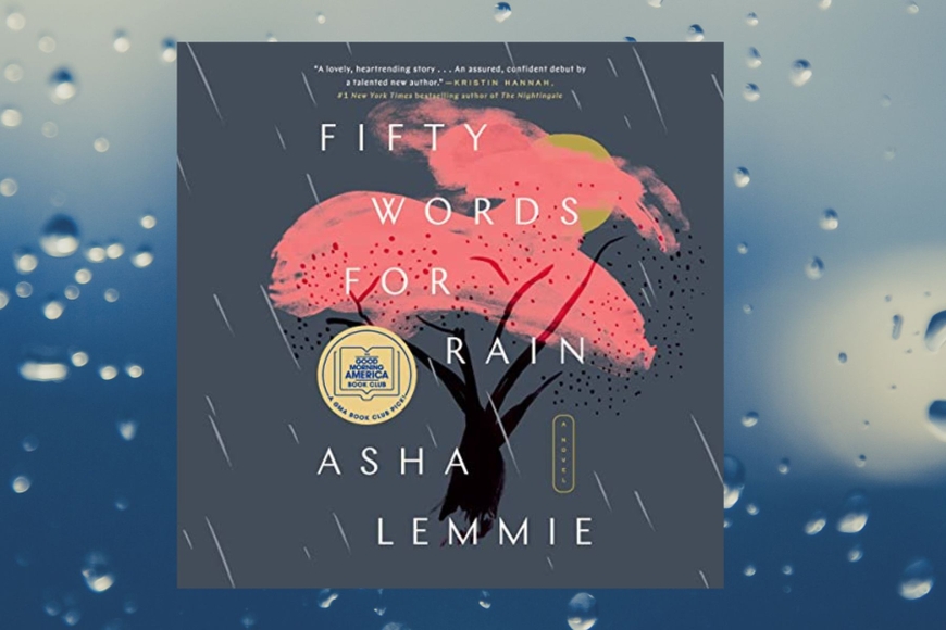 The book cover for Fifty Words for Rain is pictured on a rain splattered background.