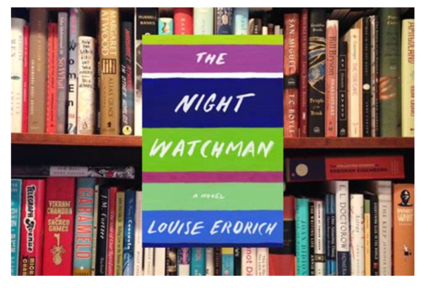 An image of a shelf of books with the cover of The Night Watchman pictured in the center.