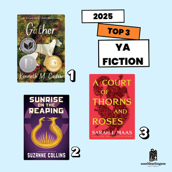 Top 3 YA Fiction: Gather by Kenneth M. Cadow, Sunrise On the Reaping by Suzanne Collins, and A Court of Thorns and Roses by Sarah J. Maas