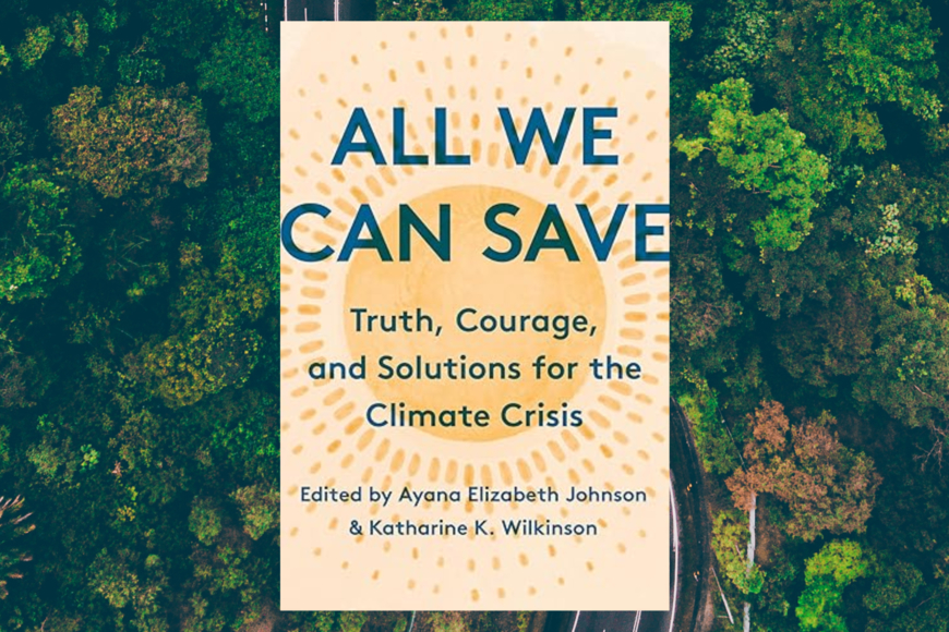 Book cover shows title and editors' names in blue on a background of a sun or other yellow star. Book cover is set against a photograph o an aerial view of leafy green treetops in early fall.