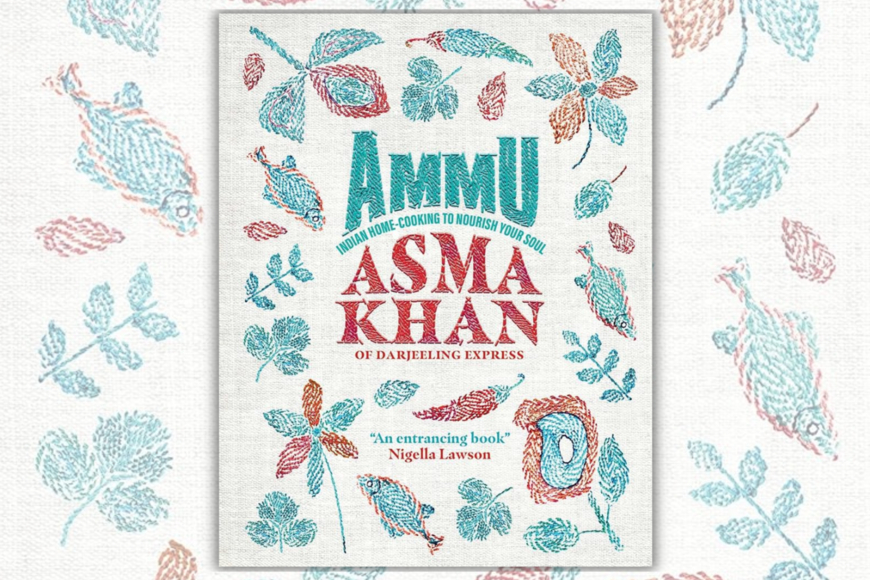 Book cover shows the title and author, embroidered in turqouoise and red on a white background. Leaves and flowers in a similar color palette are also depicted in a thread embroidery style.