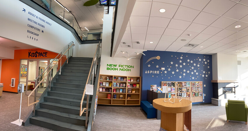 The new library entrance - stairs and books