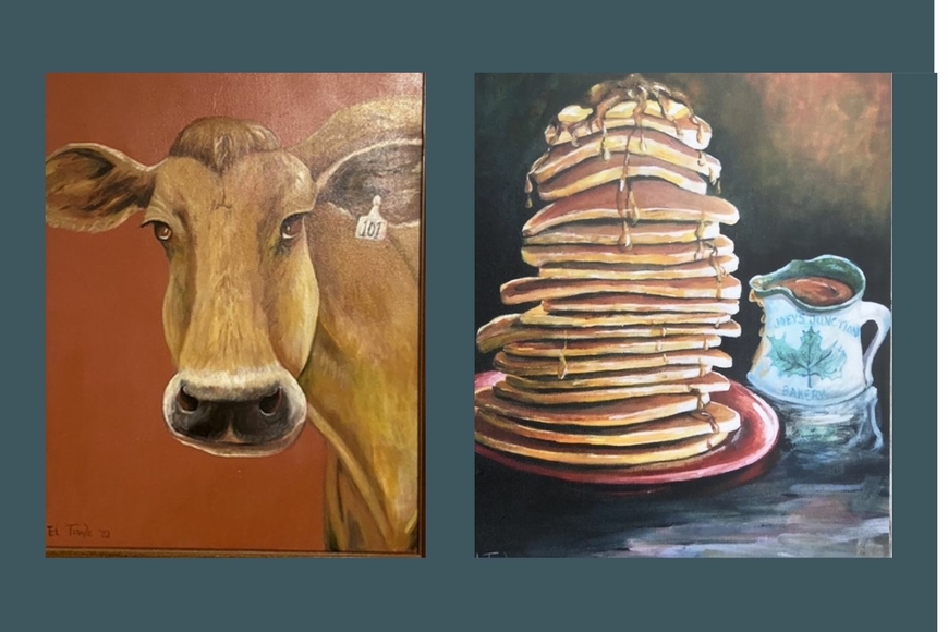 on the left is El Towle's painting of a cow; on the left, his painting of a stack of pancakes