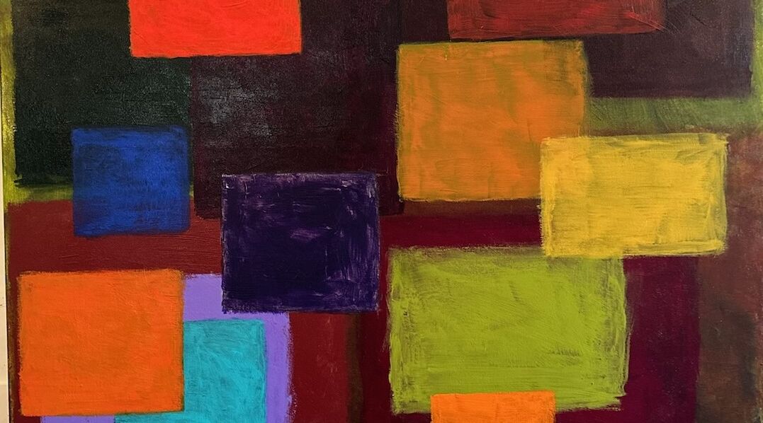 A painting of multicolored squares that are varying shades of orange, purple, yellow, green, purple, blue and red.