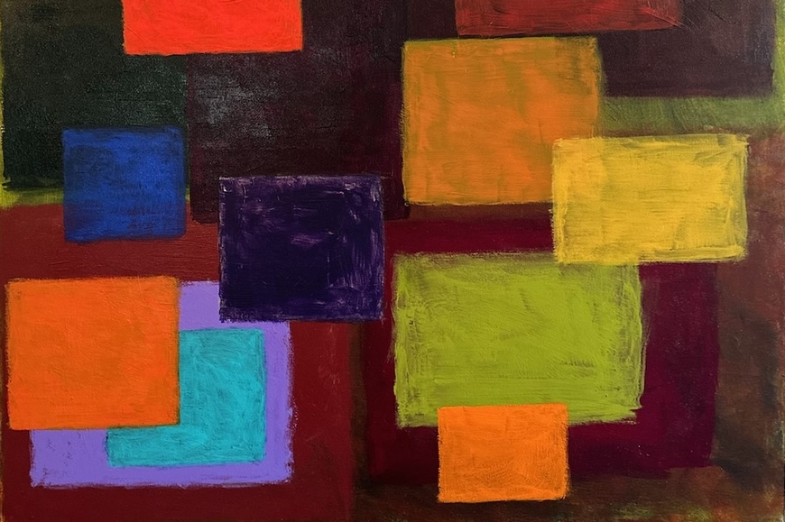 a painting of layered rectangles and squares in many colors: Green, orange, yellow, purple, violet, cyan, blue, red, and maroon