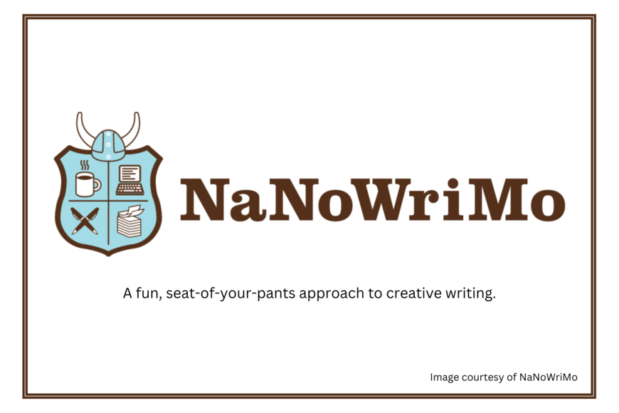 National Novel Writing Month logo is a shield depicting coffee cup, laptop computer, crossed pens (in the manner of swords), and a stack of printer paper.