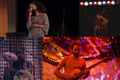 Vocalist Rachel Ambaye sings on a stage, guitarist Griffin DeMatteo plays in a room with multicolored lights, bassist Emilia Winquist plays beneath a row of red, yellow, and blue lights, and drummer Zach Brownstein sits at his kit on stage.