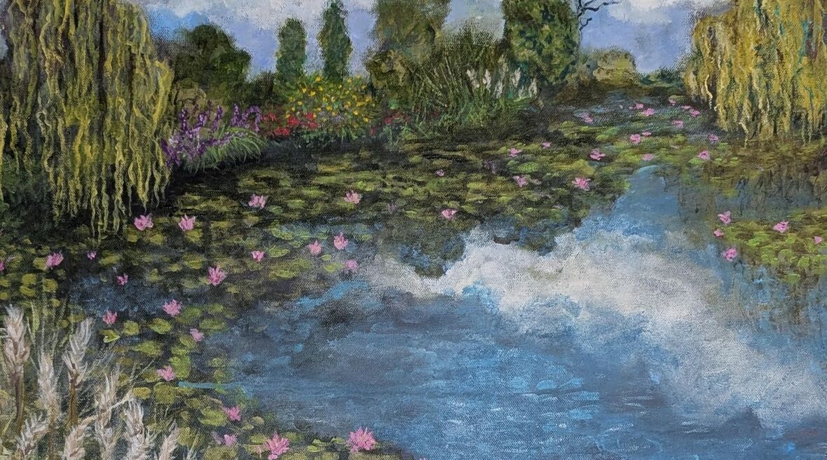 An impressionist painting of a cloudy blue pond with pink lilies. Other colorful flowers, trees, and plants grow along the edge of the pond