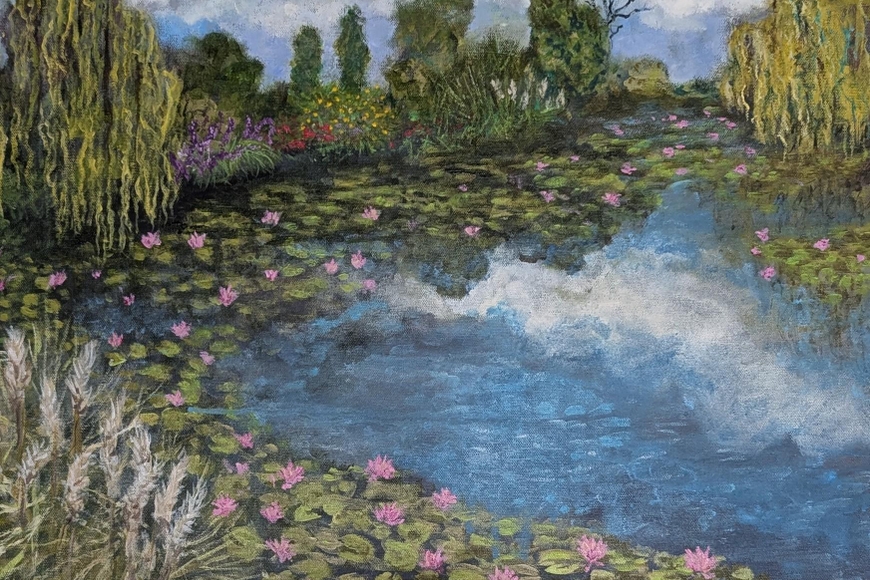 A painting inspired by Monet's gardens at Giverny. A cloudy blue pond with pink lilies and impressionistic trees and plants surrounding it.