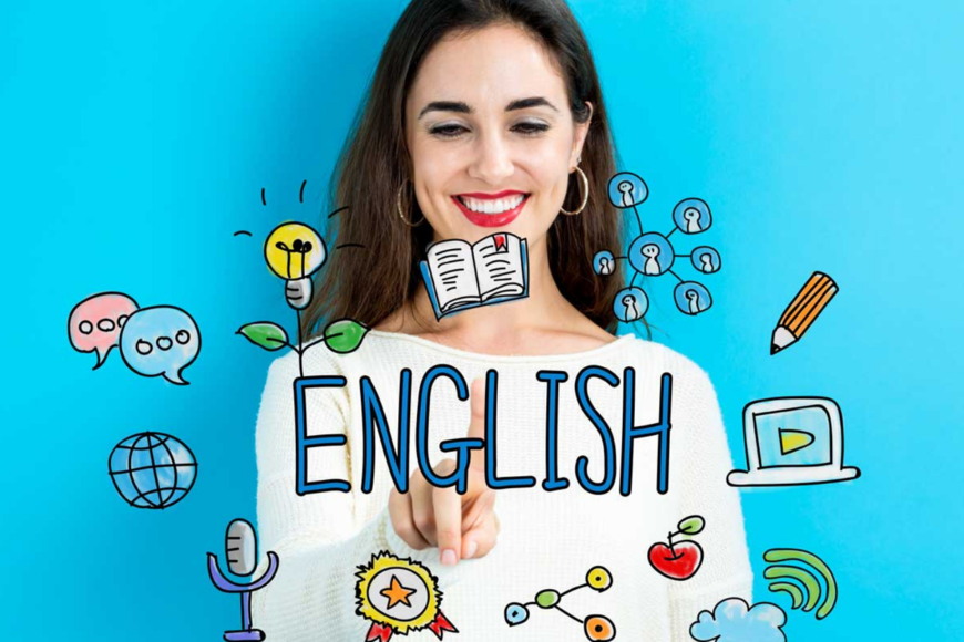 Photograph of a woman pointing at the word English.