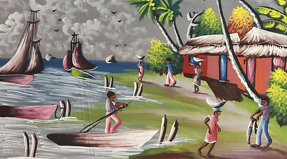 Painting of men and women working and living on a tropical coastline