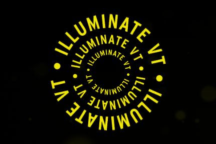 Black background with yellow text in a circle that repeatedly reads Illuminate VT