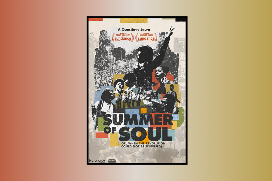Poster shows BB King, Nina Simone, Staple Singers, and other Black artists and the crowds who watched them.