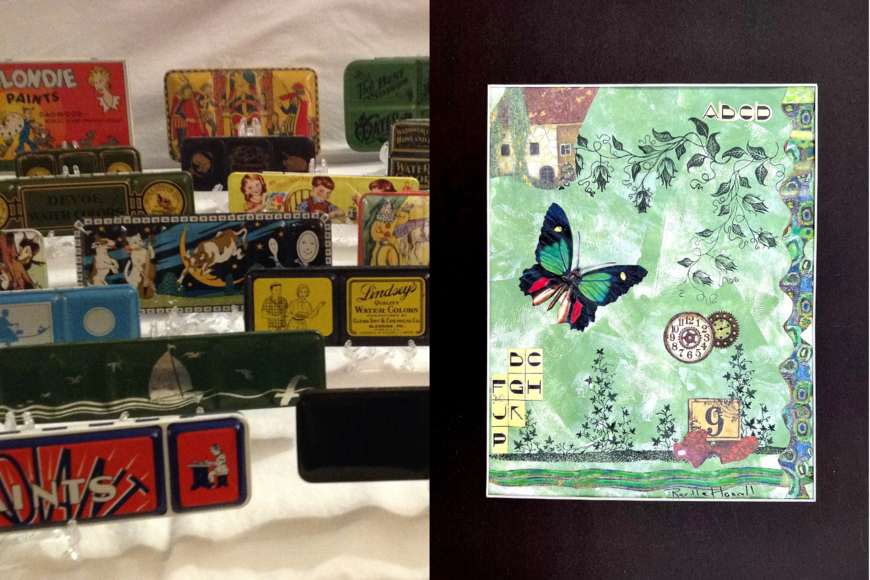 On the left are a collection of colorful vintage water color tins, on the right is a framed collage made of stamps, a butterfly, and other green colored mixed media.