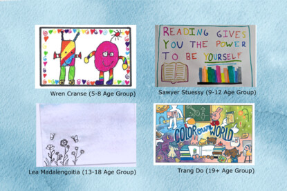 Four library card designs: Wren Cranse (Age 5-8) drew two colorful robots; Sawyer Stuessy (9-12) drew books with the text 