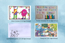 Four library card designs: Wren Cranse (Age 5-8) drew two colorful robots; Sawyer Stuessy (9-12) drew books with the text 