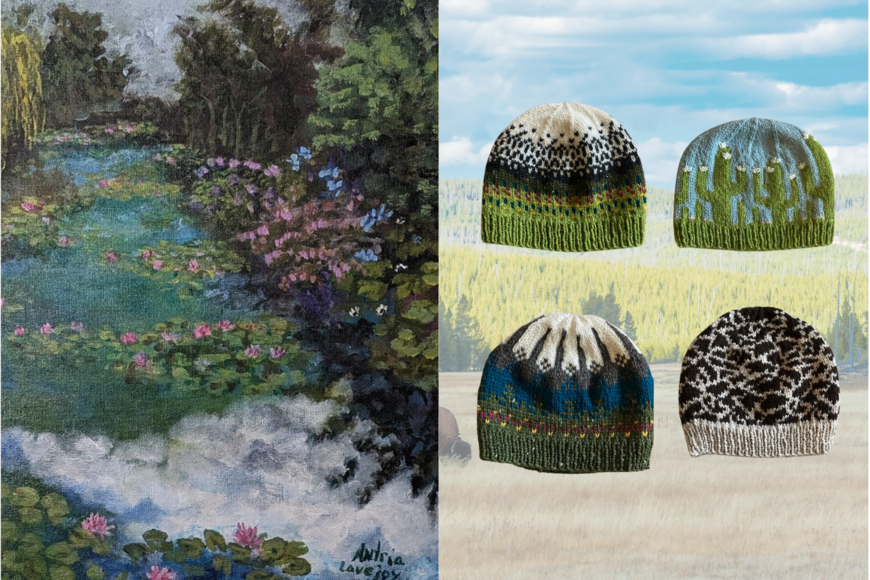 LEFT: A cloudy blue pond with pink lilies and impressionistic trees and plants surrounding it. RIGHT: Four knit hats with blue, green, black, and white designs inspired by the national parks