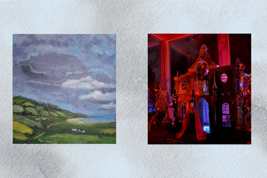 An acrylic painting of the Irish countryside on the left; photo of barbie in a Halloween display on the right