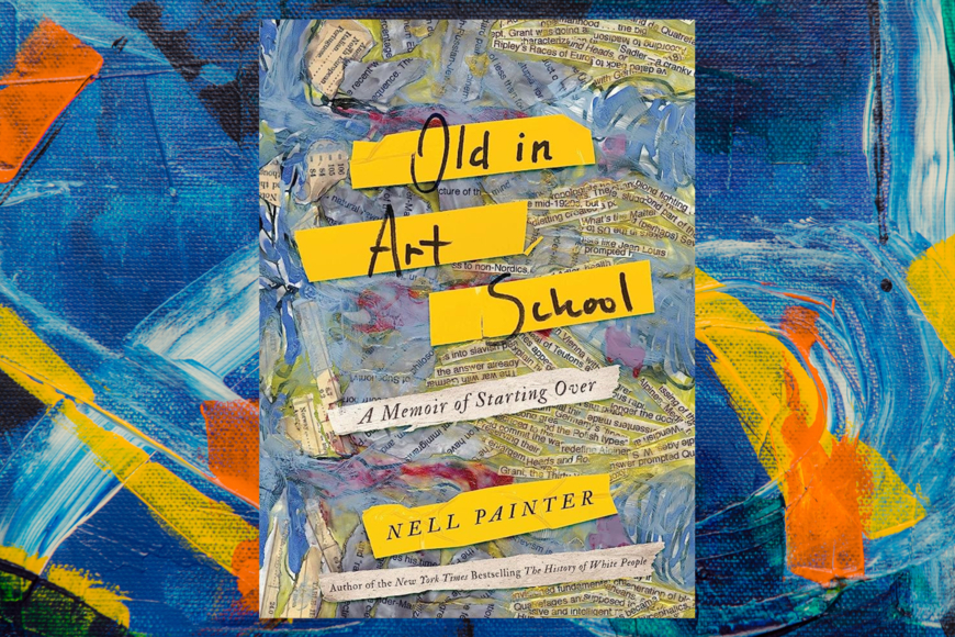book cover shows title in black marker-style print on a collage background. The collage is cut up sections of newsprint in blobs with text running in different directions like water in a stream, interspersed with paint smeared in blues, grays, reds, lavender.