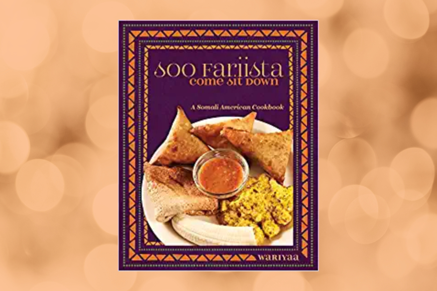 Book cover shows a plate of saabuuse (savory stuffed pastry), canjeelo (flatbread), and plantain. All on a purple background with orange triangles in a decorative edging.