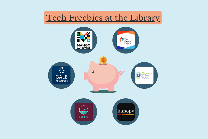 A piggy bank is surrounded by several app logos for free library services