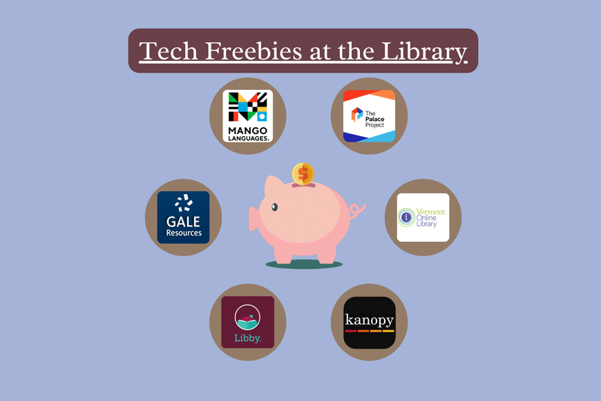 A piggy bank is surrounded by several app logos for free library services