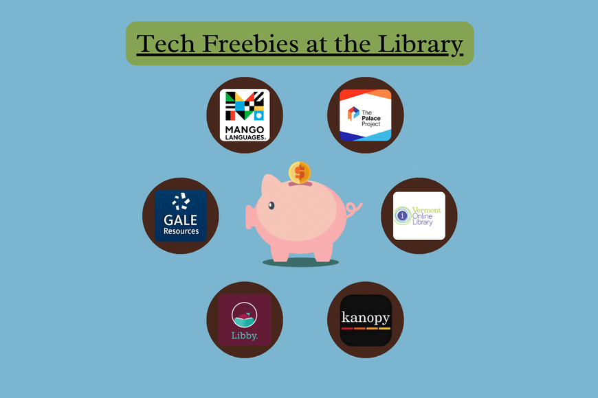 A piggy bank is surrounded by several app logos for free library services