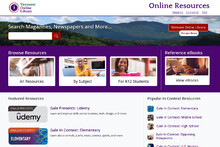 The Vermont Online Library landing page, filled with links to resources for all ages and interests