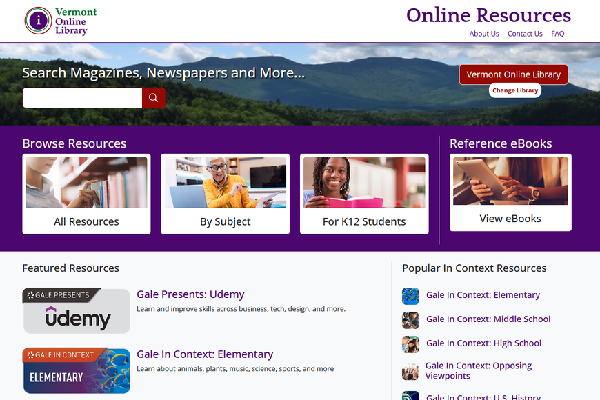 The Vermont Online Library landing page, filled with links to resources for all ages and interests