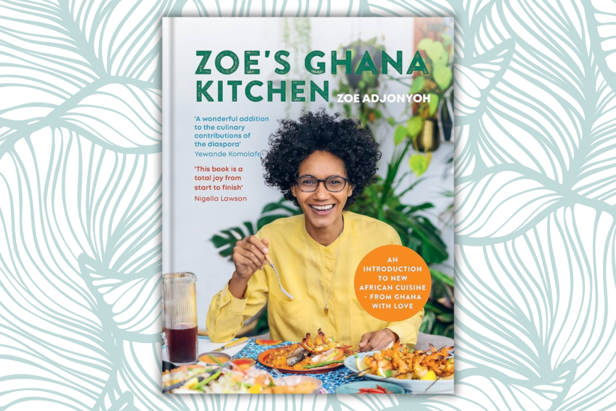 Book cover shows the title and a photo of the author sitting at a table covered in an assortment of colorful dishes.