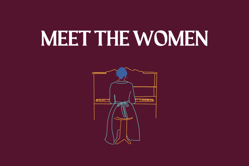 Text Classical Composers: Meet the Women is in white on a burgundy background. Below is a line drawing in blues and oranges of a skirted human form seated at a piano.