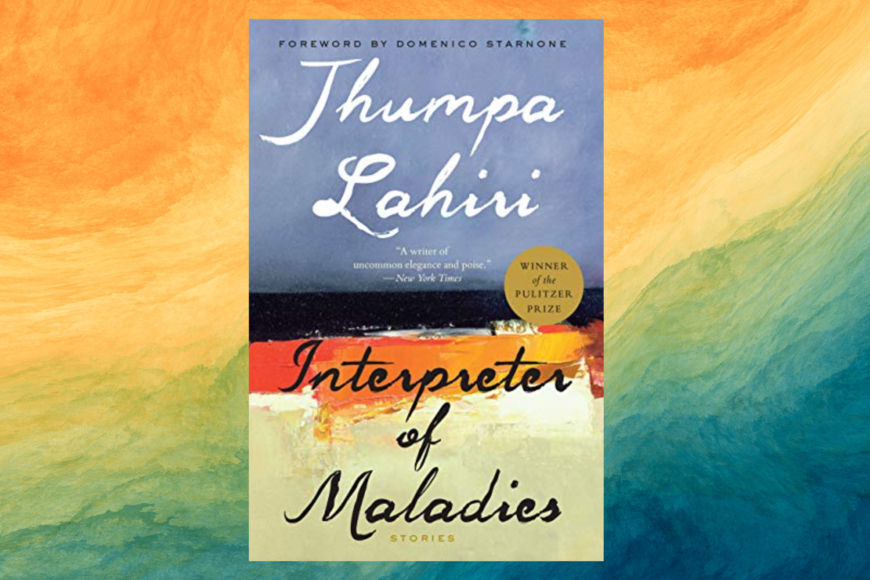 Book cover shows scripted text of the author's name and title overlaying an abstract landscape in putty, red-orange, and gray-indigo tones. The cover is on a watercolor rainbow background.