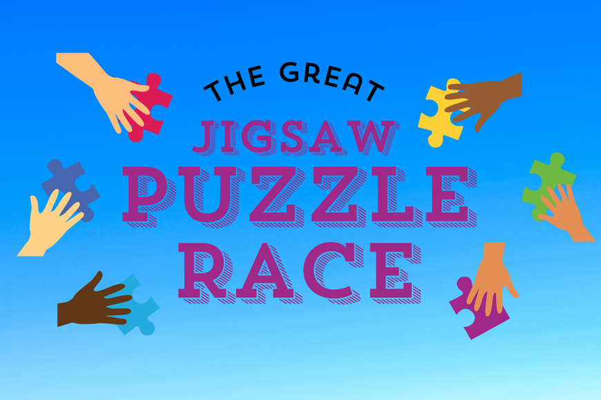 Hands with puzzle pieces surrounding the title of the event