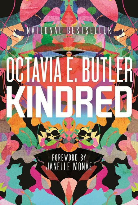 a book cover for Kindred by Octavia E. Butler with a multicolored psychedelic design and white lettering