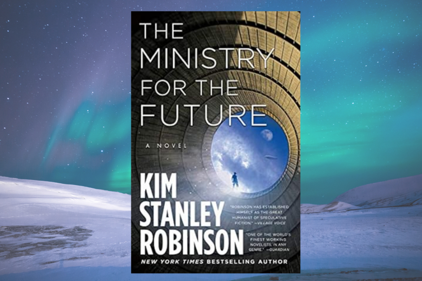 Book cover shows a narrowing tunnel that appears to be a portal to the sky. The tunnel is lined in rings of grooved brown cement, we see a human figure in silhouette at the distant opening, lookout out at clouded blue sky with the moon in the distance. The cover is on a background of snowscape with a green-purple sky.