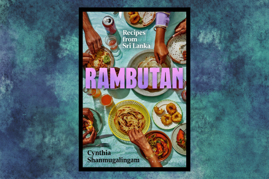 Book cover shows a colorful selection of dishes arranged family style on a table. 3 hands are reaching into the frame to take pieces of food..