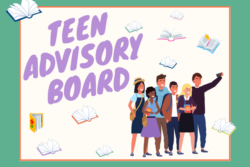 Green boarder around white background with colorful books flying around and purple title name above a group of teens taking a selfie.