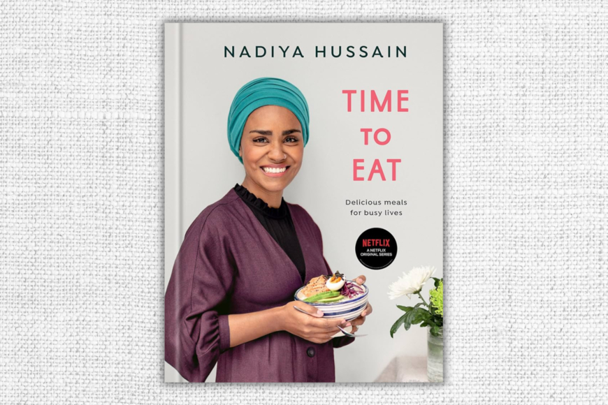 Book cover shows the title and author name with a photo of the author. She is wearing a purple tunic, turquoise turban, and holding a bowl of vegetables and egg in both hands.