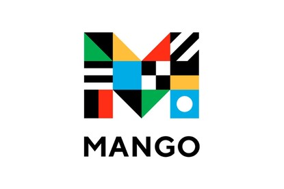 MANGO with a colorful M made up of a mosaic of blue, red, yellow, green, black, and white shapes.