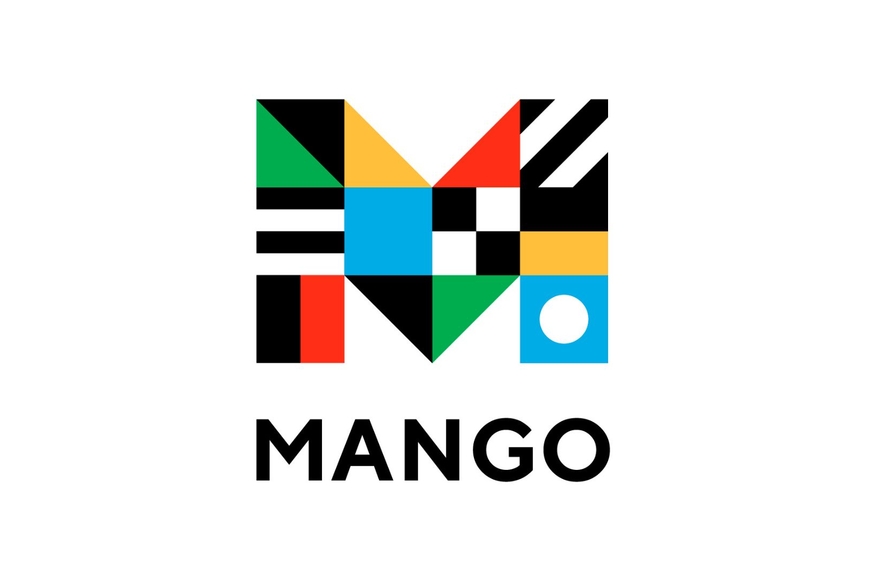 MANGO with a colorful M made up of a mosaic of blue, red, yellow, green, black, and white shapes.