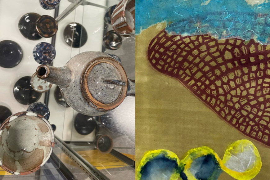 On the left, blue and gray colored teapots, blows, and mugs are seen from above, on the right is a blue, brown, and yellow woodblock print of a dragonfly's wing