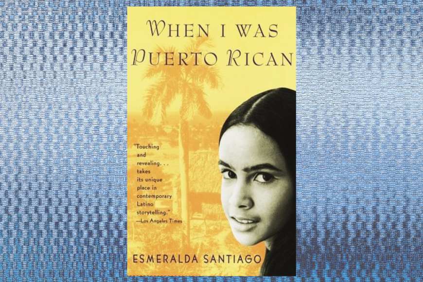 Book cover shows the title and author's name and a photo of her as a school-aged girl. All are backgrounded by a sepia toned photo of a countryside with palm tree. The book cover sits on an abstract blue patterned background.