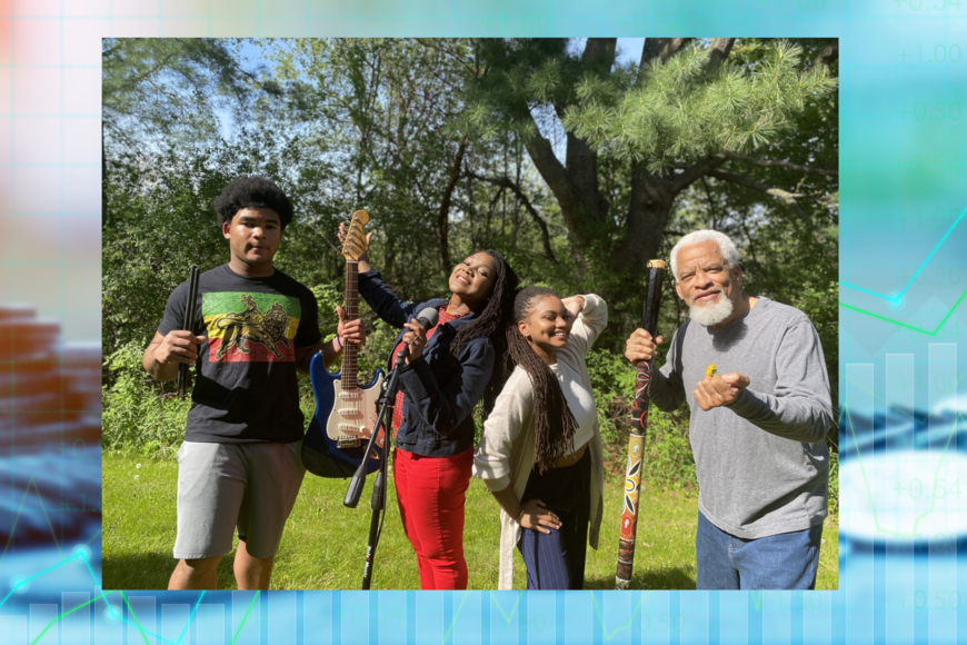 Group of four musicisans standing on a lawn in front of some trees holding their instruments