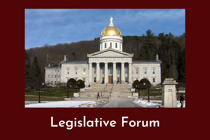 Photograph of the Vermont state capitol with snow on the ground in early winter.