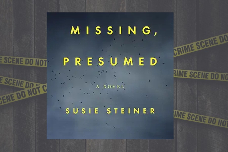 The book cover for Missing Presumed with the title against background of a wood wall covered with police tape