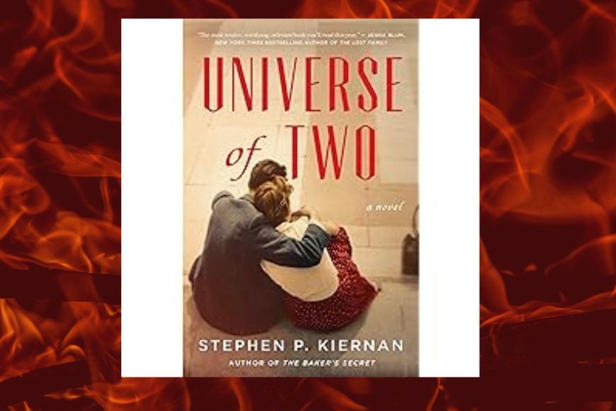 The book cover for Universe of Two with a man and a women sitting with their arms around each other is pictured on a background of red flames..